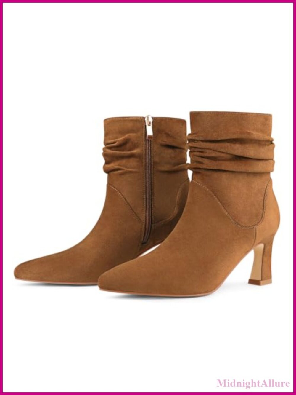 Women's Slouchy Ankle Boots 2.6 Inch Block Heel Pointed Toe Side Zipper Ruched
